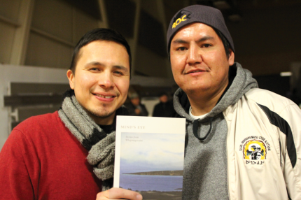 Actors Wayne Neegan and Redfern Mianscum with a copy of Mind's Eye